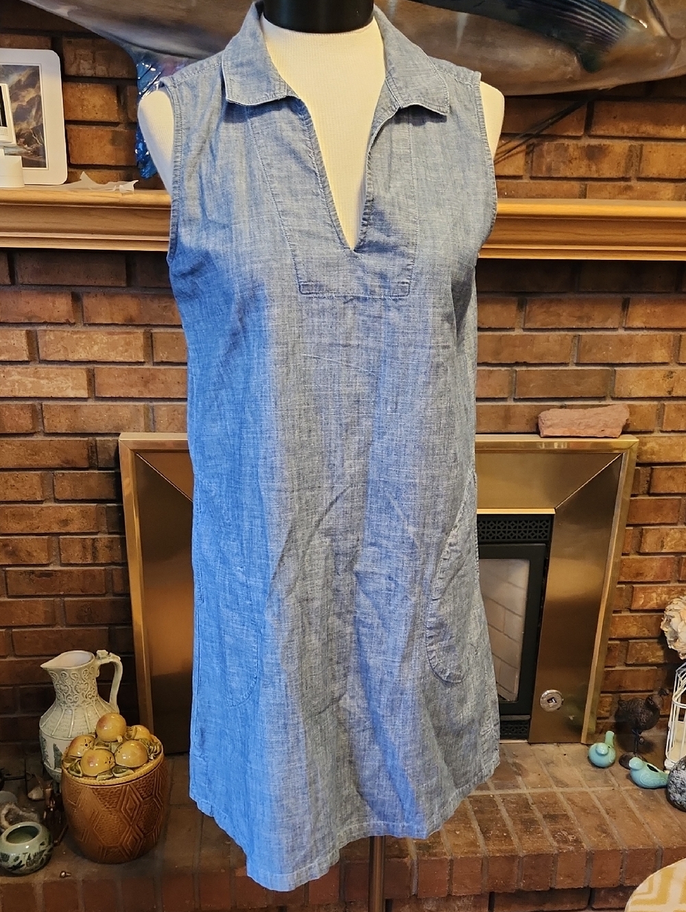 Sleeveless Chambray Shift Dress in Light Blue Lands End Size Small 100% Cotton